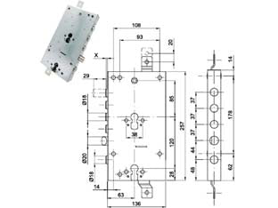 SERRATURA TRIPLICE APPLICARE SCROCCO DOPPIO CIL.EU. BLINDATE 50237  mm.63, interasse catenacci mm.37    CIPIERRE
