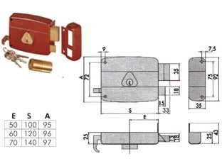 SERRATURA PORTONCINO CATENACCIO E SCROCCO DOPPIO CILINDRO FISSO 50121  mm.70 DX (50121701)    CISA