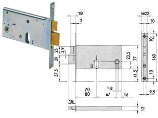 SERRATURA DA INFILARE PER FASCE CATENACCIO E SCROCCO MM.77 H 4446  mm.70 con frontale mm.20 (44461700)    CISA