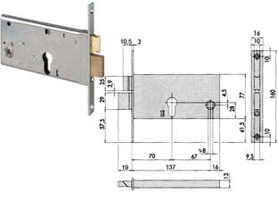 SERRATURA DA INFILARE PER FASCE CATENACCIO E SCROCCO MM.77 H 44360  mm.70 (44360700)    CISA