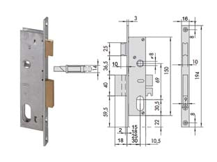 SERRATURA DA INFILARE PER MONTANTI CATENACCIO E SCROCCO 2 MAND. 44225  mm.30 (44225300)    CISA