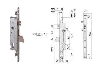 SERRATURA TRIPLICE DA INFILARE PER MONTANTI CON CATEN. E SCROCCO 46225  mm.25 (46225250)    CISA
