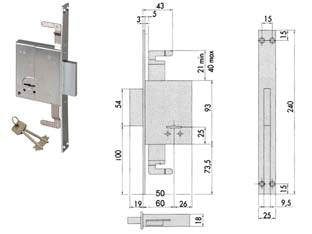 SERRATURA TRIPLICE DA INFILARE DOPPIA MAPPA 57226  KA mm.60 c/1 ch. cif. unica sr. 12 pz (57226620)    CISA
