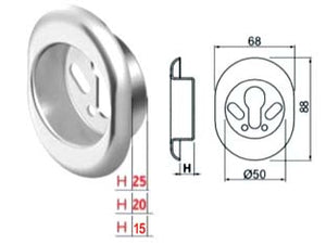 BOCCHETTA ANTISTRAPPO KT52 CROMO SATINATO  mm.68x88x20h ø mm.50 (KT5239)    DISEC