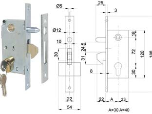 SERRATURE INFILARE PER CANCELLO A GANCIO CON PERNO  entrata mm.40 art.447/PB    IBFM