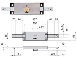 SERRATURA SERRANDA CENTRALE CILINDRO FISSO TONDO 641  mm.157x10x55h. (641010)    ISEO