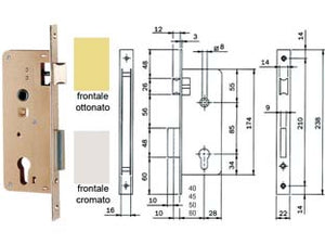SERRATURA DA INFILARE PER PORTONCINO A CILINDRO 200N  mm.45 (200N451) frontale acciaio ottonato    ISEO