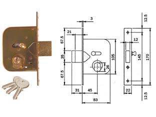 SERRATURA DA INFILARE PER CANCELLI CATENACCIO E SCR. CON NOTTOLINO 604- - mm.45 (604450) - 2 pezzi ISEO