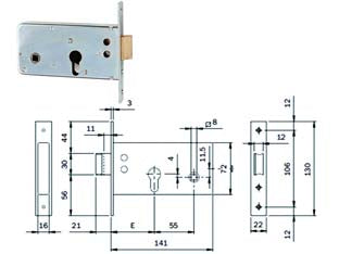 SERRATURA INFILARE PER FASCE CATEN. E SCROCCO MM.72 H PROF. EUROP. 720  mm.60 (720600)    ISEO