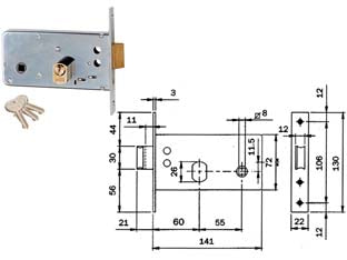 SERRATURA DA INFILARE PER FASCE CATENACCIO E SCROCCO MM.72 H 725  mm.60 (725600)    ISEO