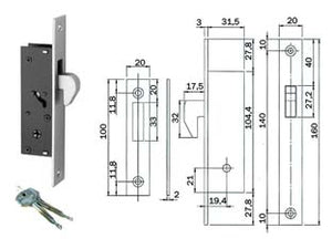 SERRATURA DA INFILARE PER MONTANTI CON GANCIO 304  mm.19,4 (3041420)    ISEO