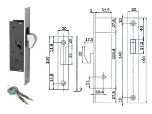 SERRATURA DA INFILARE PER MONTANTI CON GANCIO 304  mm.19,4 (3041420)    ISEO