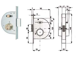 SERRATURA INFIL. CANC. CATENACCIO E SCR. C/NOTTOLINO CIL. FISSI 255- - mm.35 con catenaccio normale (255 35 0) - 2 pezzi MG