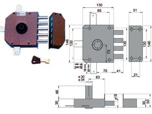 SERRATURA QUINTUPLICE DA APPLICARE SENZA SCROCCO A POMPA 30640  mm.60 DX cilindro ø mm.30 (30640VD60JE)    MOTTURA