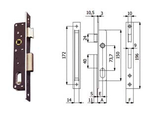 SERRATURE DA INFILARE PER MONTANTI CATENACCIO E SCROCCO 350  mm.15 interasse mm.73.7 (350)    OMEC