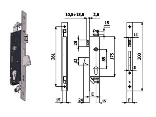 SERRATURA TRIPLICE INFIL. PER MONTANTI CATENACCIO E SCROCCO 1410S  mm.25 interasse mm.85 (1410S.25.25)    OMEC