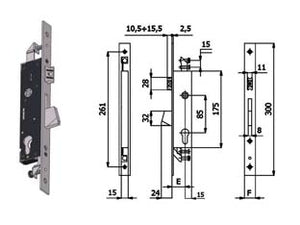 SERRATURA TRIPLICE INFIL. PER MONTANTI CATENACCIO E SCROCCO 1410S  mm.30 interasse mm.85 (1410S.30.25)    OMEC