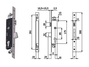 SERRATURA TRIPLICE INFIL. PER MONTANTI CATENACCIO E SCROCCO 1410  mm.35 interasse mm.85 (1410.35.35)    OMEC