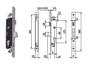 SERRATURA TRIPLICE INFIL. PER MONTANTI CATENACCIO E SCROCCO 1410  mm.35 interasse mm.85 (1410.35.35)    OMEC