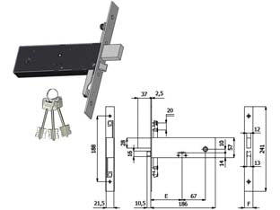 SERRATURA TRIPLICE INFIL. PER FASCE D/MAPPA CAT. E SCR. MM.57 H 5980  mm.90 interasse mm.67 (5980)    OMEC