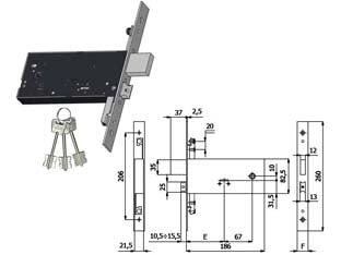SERRATURA TRIPLICE INFIL. FASCE D/MAPPA CAT. E SCR. MM.82,5 H 5960  mm.90 interasse mm.67 (5960)    OMEC