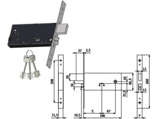ELETTROSERRATURA INFIL. PER FASCE D/MAPPA CAT. E SCR. MM.82,5 H 5938  mm.90 interasse mm.67 (5938)    OMEC