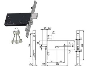 ELETTROSERRATURA TRIPL. INFIL. FASCE D/M CAT. E SCR. MM.82,5 H 5968  mm.90 interasse mm.67 (5968)    OMEC