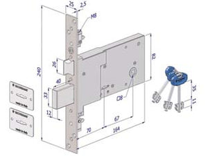 SERRATURA TRIPLICE DA INFILARE PER FASCE DOPPIA MAPPA MM.82 H 2008  mm.90 (2008UZB9025AB3)    SECUREMME