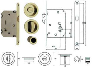 SERRATURA INFILARE PER PORTE SCORREVOLI B. TONDO ORO LUCIDO  mm.50 frontale con incontro oro luc. (E0262N51)    TELESE