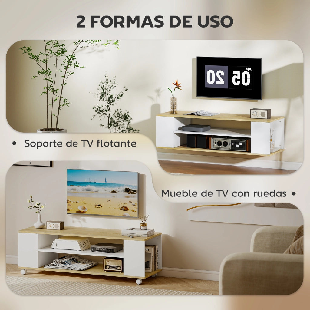 Mobile TV Flottante con Ruote e 2 Ripiani per Televisori fino a 55 Pollici ¨C Minimal ¨C Bianco 120x40x38,5 cm