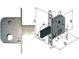 SERRATURA DA INFILARE PER CANCELLI CON QUADRO CATENACCIO E SCROCCO 075  mm.45  con catenaccio da mm.58 (07545000)    WELKA