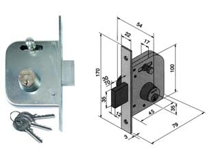 SERRATURA DA INFILARE PER CANCELLI CATENACCIO E SCR. CON NOTTOLINO 065  mm.45 con catenaccio da mm.30 (06545000)    WELKA
