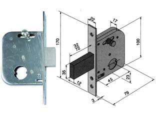 SERRATURA DA INFILARE PER CANCELLI CATENACCIO E SCR. CON NOTTOLINO 073  mm.45 con catenaccio da mm.72 (07345400)    WELKA