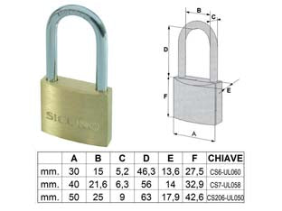 LUCCHETTO OTTONE ARCO LUNGO- - mm.30 - 12 pezzi QUALITY