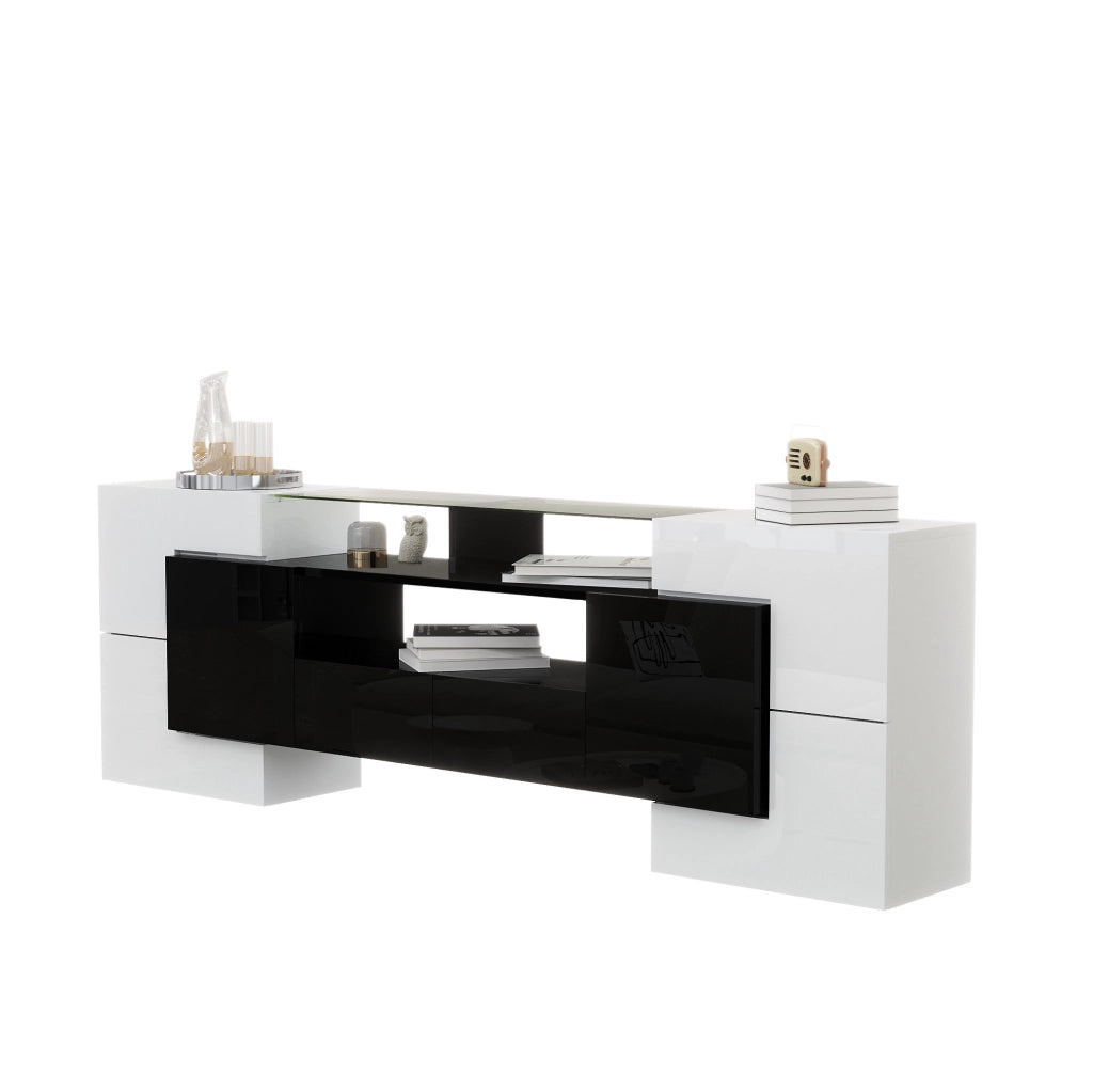 Mobile TV 200 cm bianco e nero lucido con LED, 6 ante e 2 cassetti