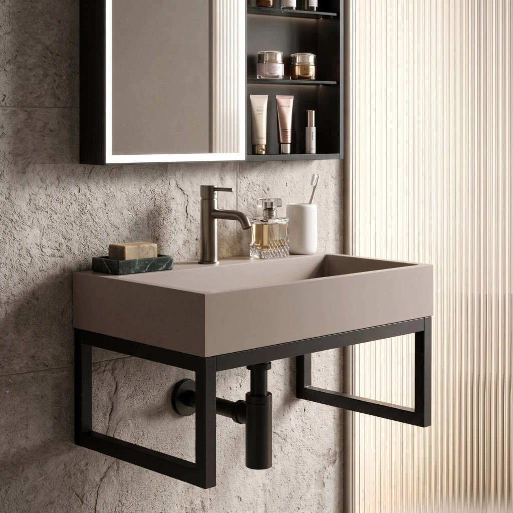 Lavabo In Conglomerato Rea Goya Taupe 50cm + Supporto