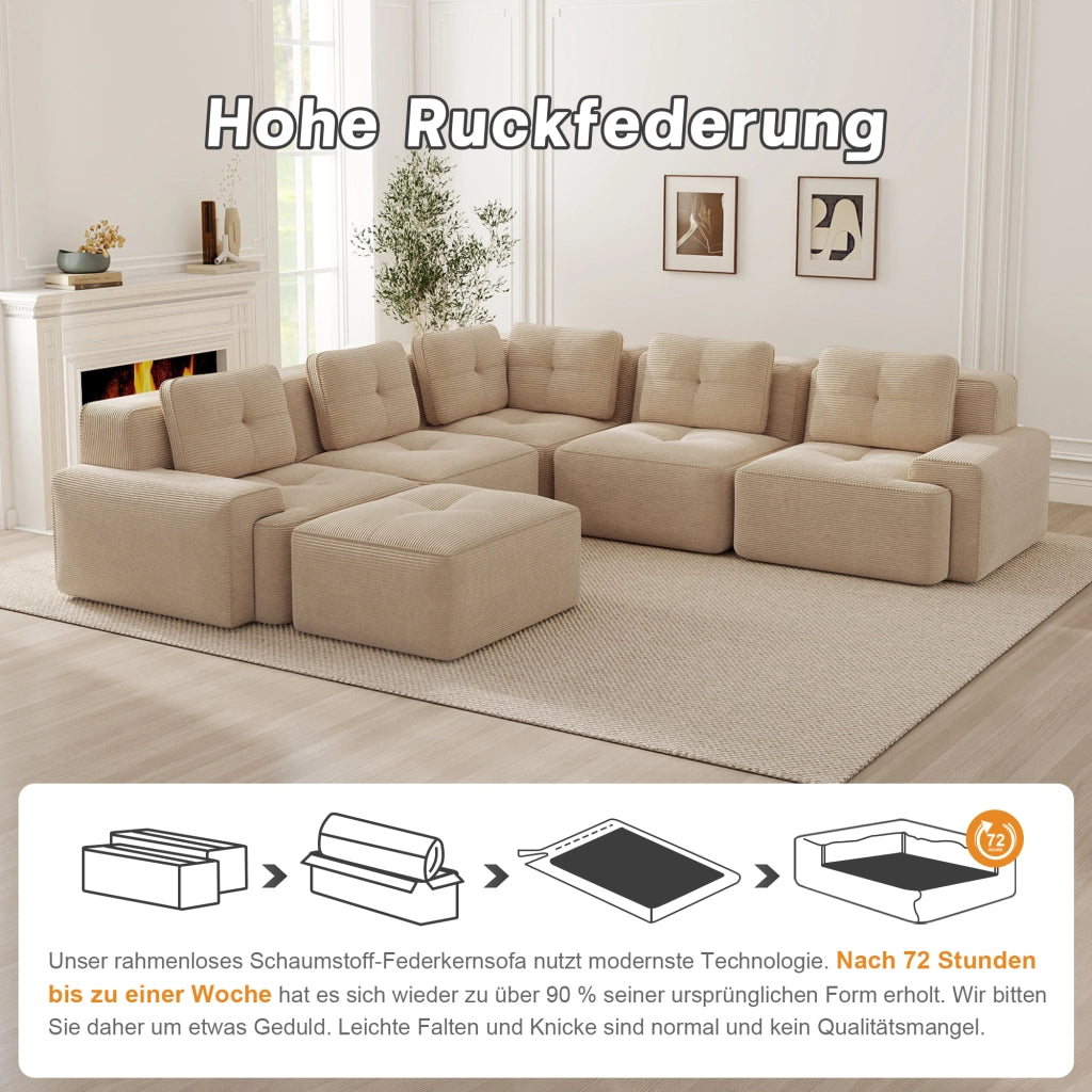 Divano angolare modulare senza telaio con seduta profonda e base antiscivolo in velluto a coste beige 295 × 295 × 69 cm