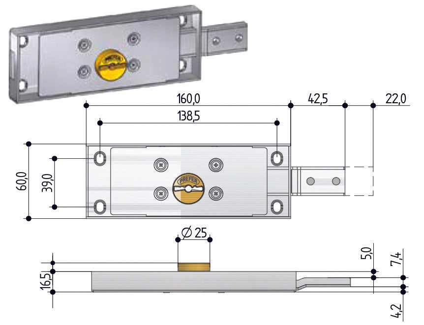 SERRATURA SERRANDA LATERALE CILINDRO FISSO DOPPIA MAPPA  DX (8632.401)    PREFER