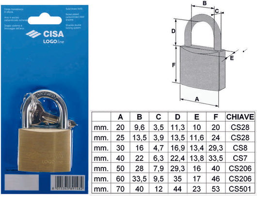 LUCCHETTO LOGO OTTONE ARCO NORMALE IN BLISTER 21090- - mm.70 (art.21090700) - 1 blister CISA