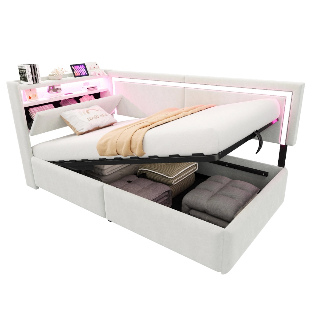 Poltrona letto multifunzione 90x200 cm in velluto beige con LED; USB e contenitore