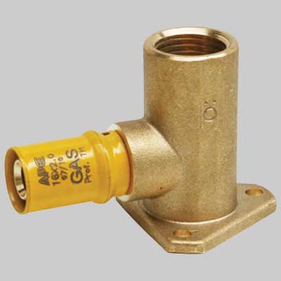 RACCORDO A PRESSARE CURVO FEMMINA CON FLANGIA PER GAS  16 x 1/2     APE RACCORDERIE