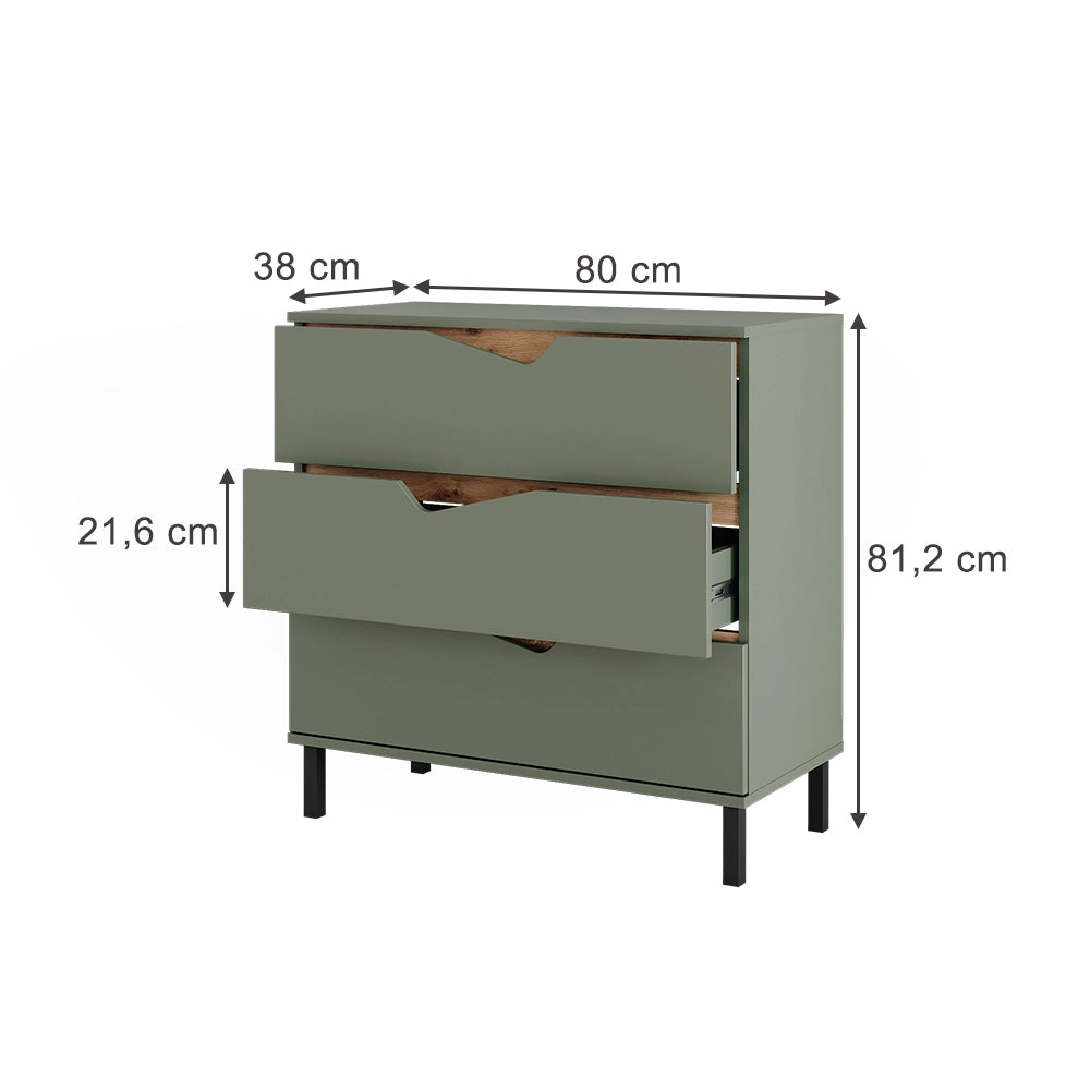 Vicco Cassettiera per camera da letto Verde/Artigianale 80 x 81.2 cm con 3 cassetti
