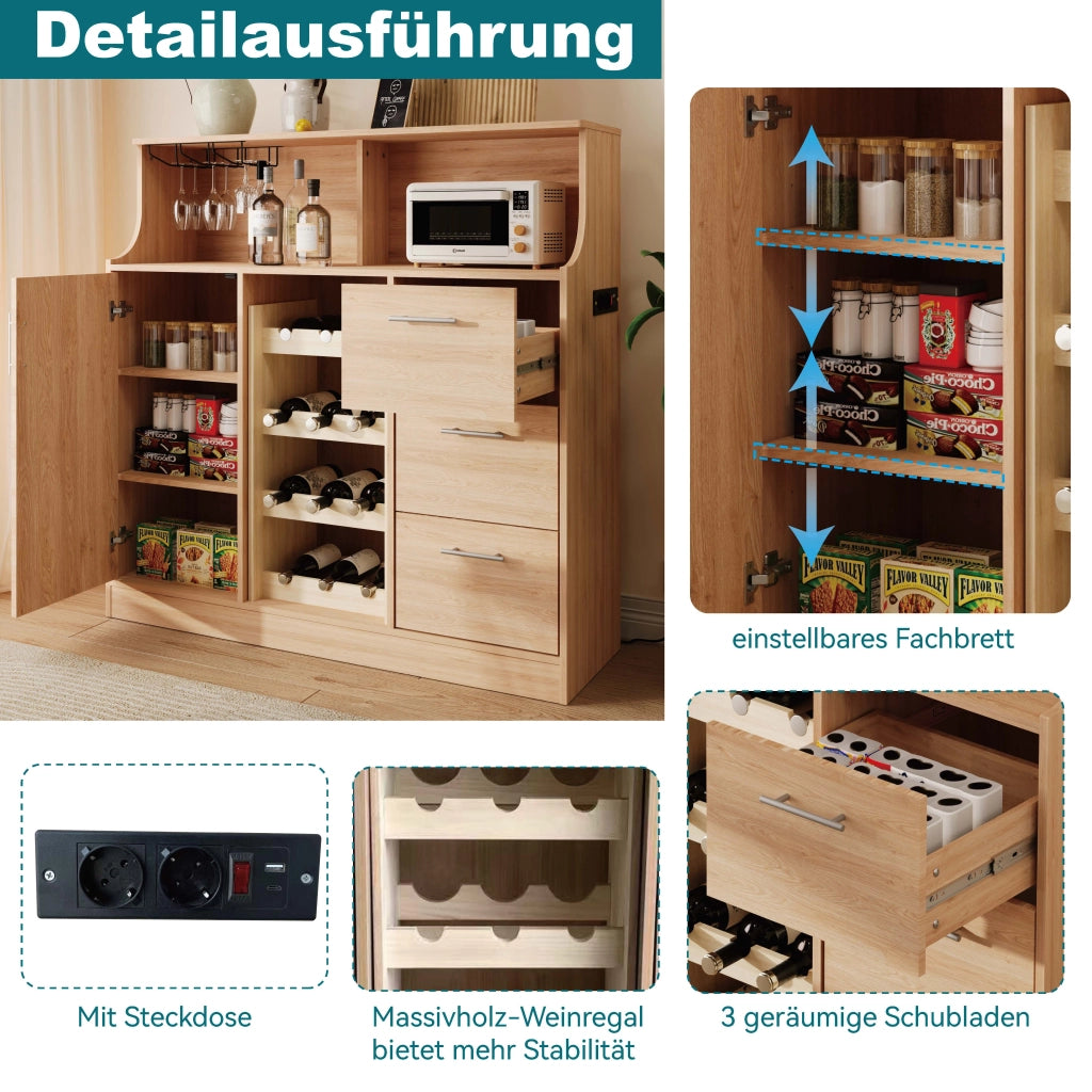 Mobile bar con LED, presa elettrica e portabicchieri, per cucina e soggiorno, in MDF naturale e bianco 120 × 40 × 121 cm