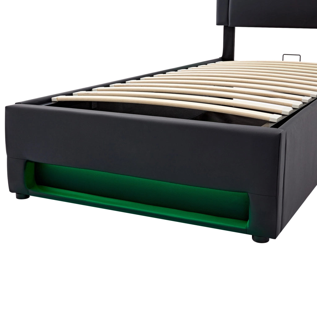 Letto imbottito 90x200 cm in PU nero con USB; LED e contenitore