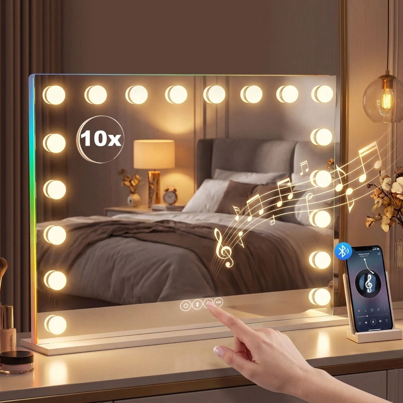 Specchio trucco Hollywood con 18 LED dimmerabili, Bluetooth, luce RGB, ingrandimento 10x, bianco