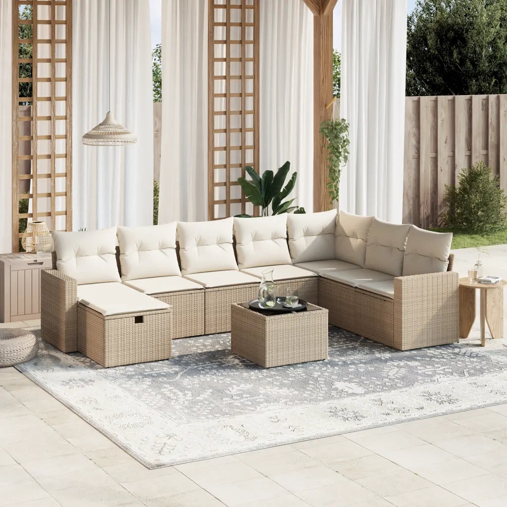 Set Divano da Giardino 9 pz con Cuscini Beige in Polyrattan 3263594
