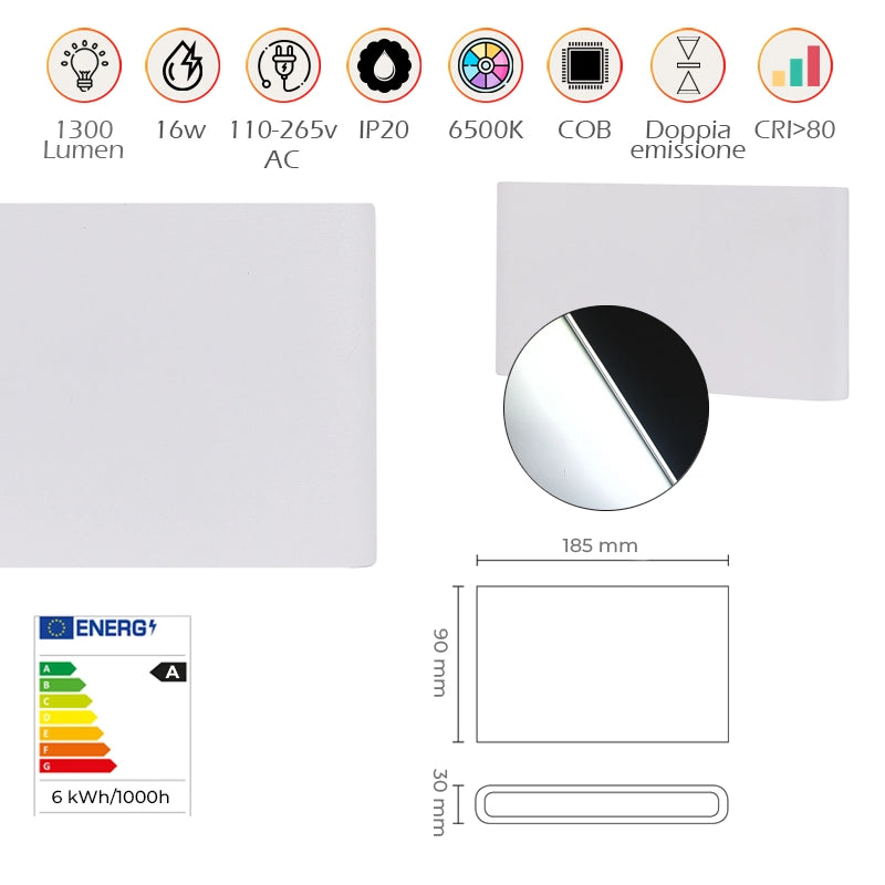 APPLIQUE LED RETTANGOLARE SILM 16W LUCE FREDDA 6500K° - DESIGN ELEGANTE IN ALLUMINIO BIANCO