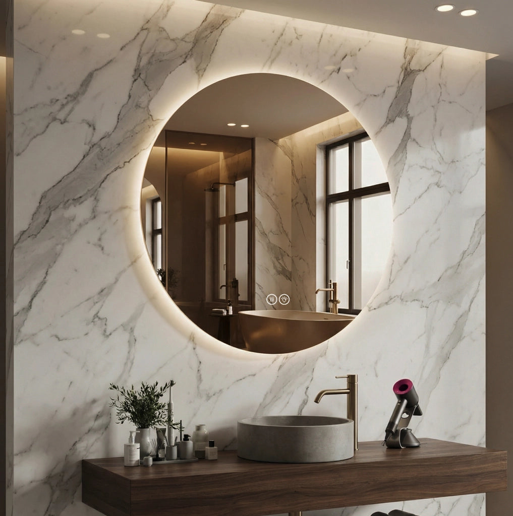 Specchio LED rotondo da bagno 80 cm in vetro e metallo argentato, antiappannamento –
