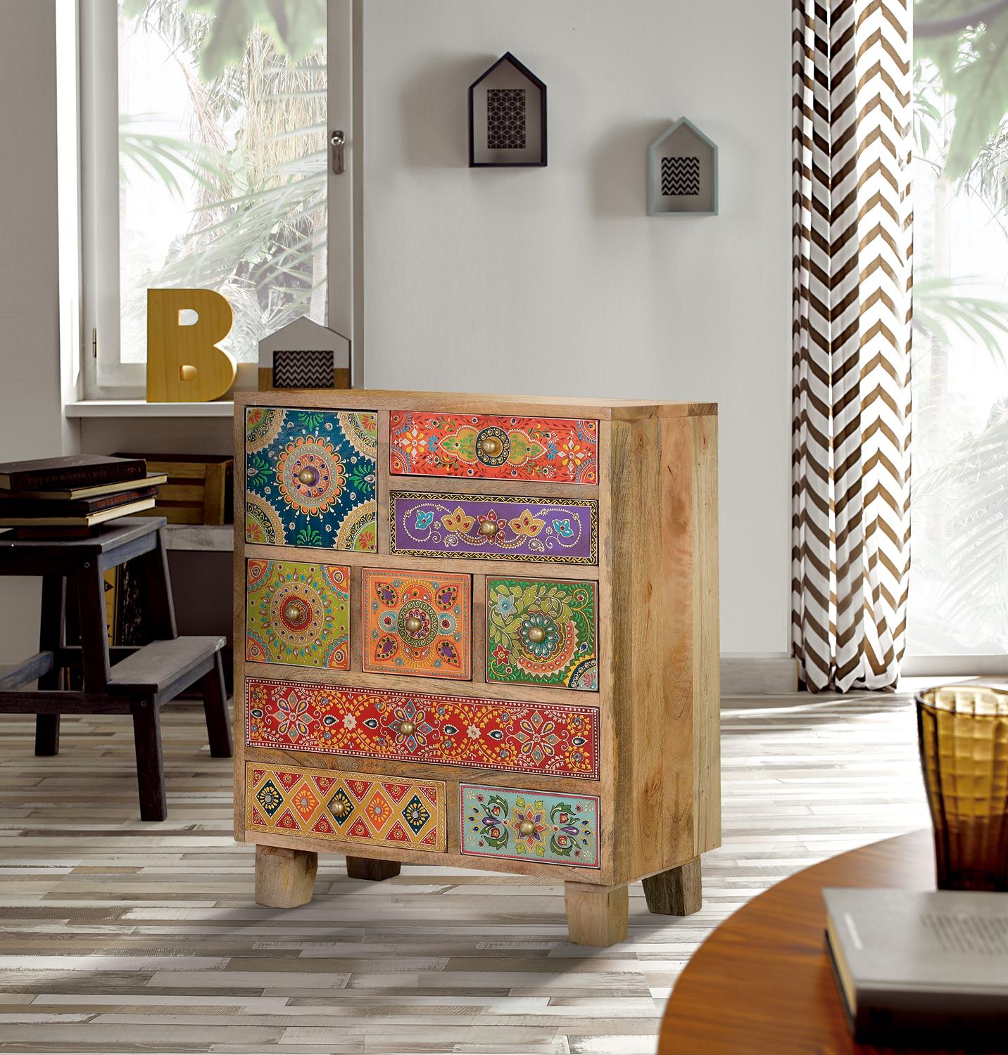 Mobiletto a 9 cassetti in massello di mango dipinto a mano