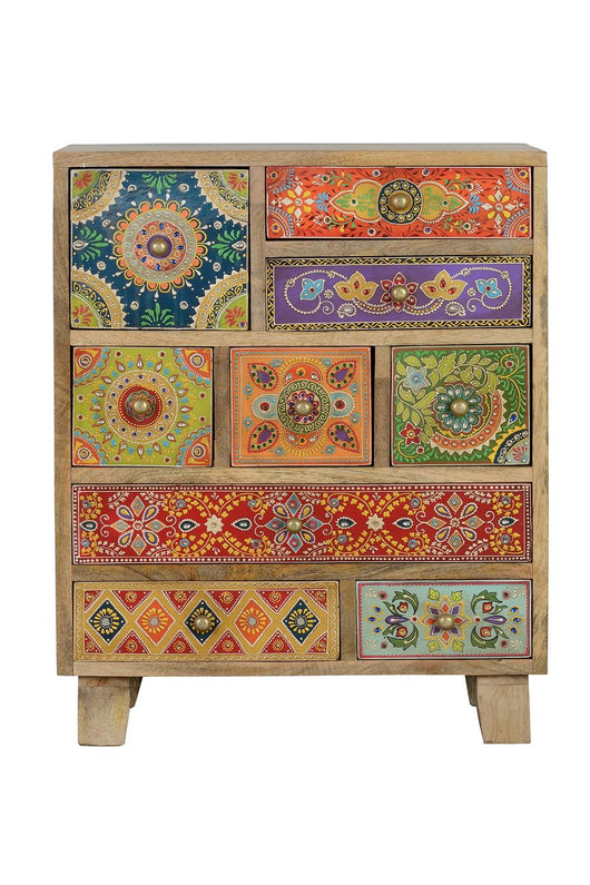 Mobiletto a 9 cassetti in massello di mango dipinto a mano